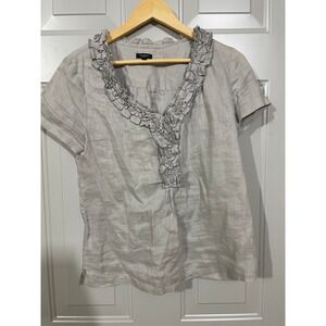 Talbots Linen Blouse Women 6 Gray Excellent Ruffle V-Neck Short Sleeve Top